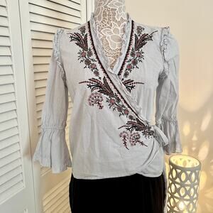 Zara Floral Embroidered Wrap Shirt